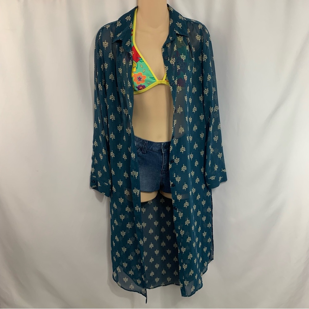 Bongo Long Sheer Shirt Dress Jacket Swim Cover Versatile Button Down Top Size S